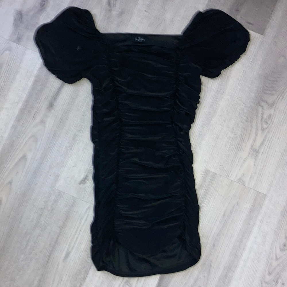 womens rushed puff sleeve formal dress